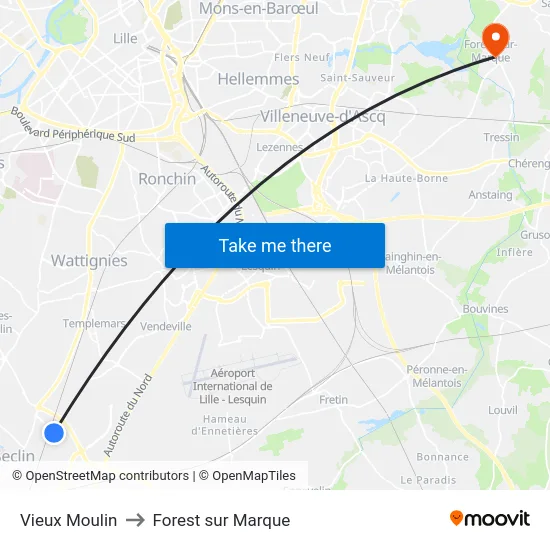 Vieux Moulin to Forest sur Marque map