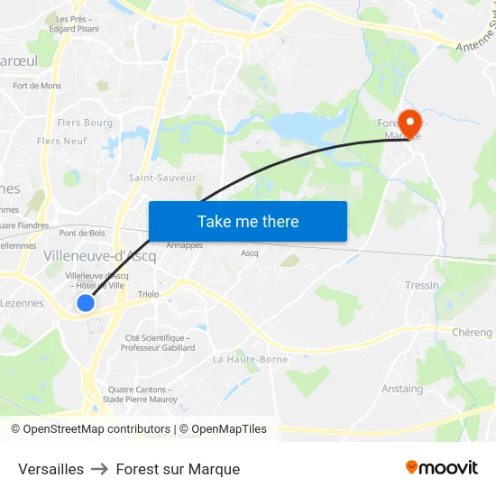 Versailles to Forest sur Marque map