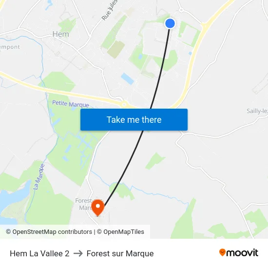 Hem La Vallee 2 to Forest sur Marque map