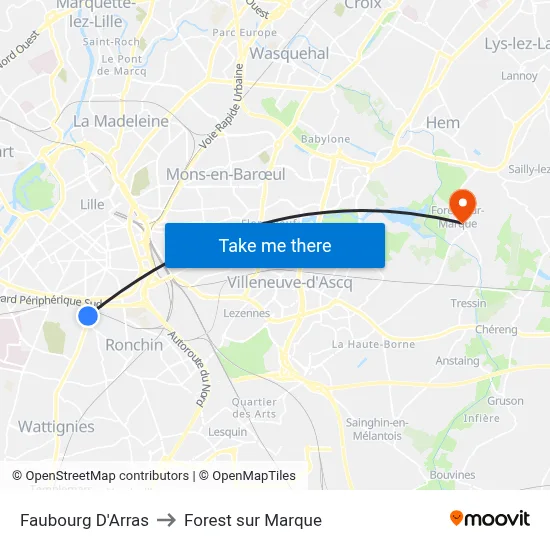 Faubourg D'Arras to Forest sur Marque map