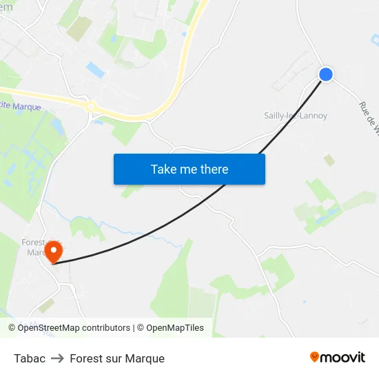 Tabac to Forest sur Marque map