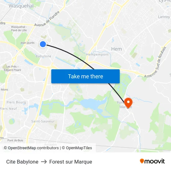 Cite Babylone to Forest sur Marque map