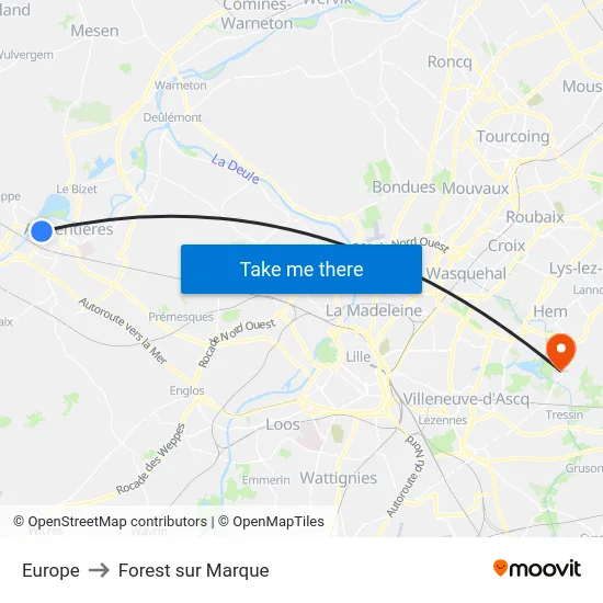 Europe to Forest sur Marque map