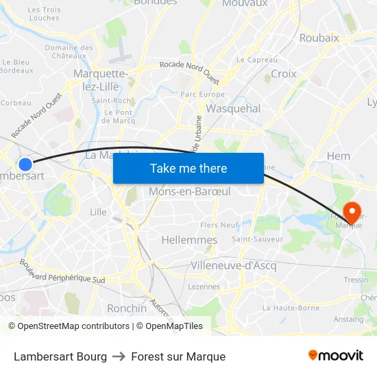 Lambersart Bourg to Forest sur Marque map