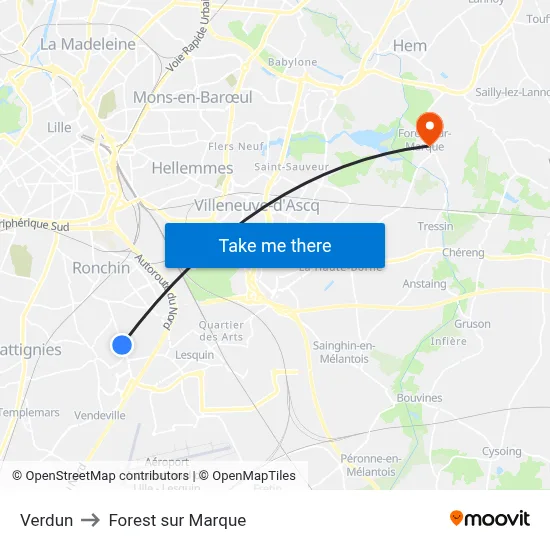 Verdun to Forest sur Marque map