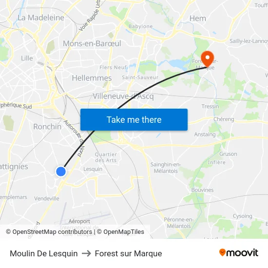 Moulin De Lesquin to Forest sur Marque map