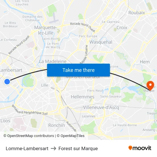Lomme-Lambersart to Forest sur Marque map