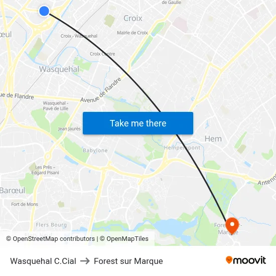 Wasquehal C.Cial to Forest sur Marque map