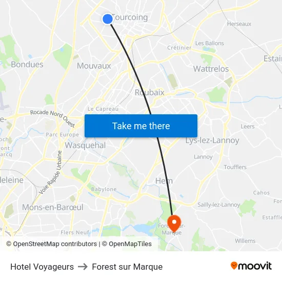 Hotel Voyageurs to Forest sur Marque map