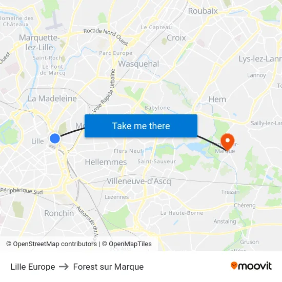 Lille Europe to Forest sur Marque map