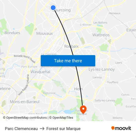 Parc Clemenceau to Forest sur Marque map