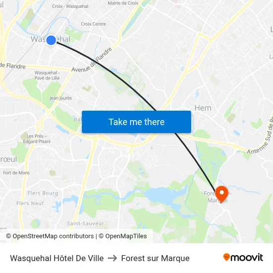 Wasquehal Hôtel De Ville to Forest sur Marque map