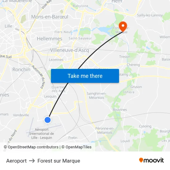 Aeroport to Forest sur Marque map