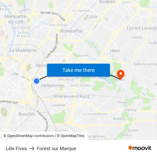 Lille Fives to Forest sur Marque map