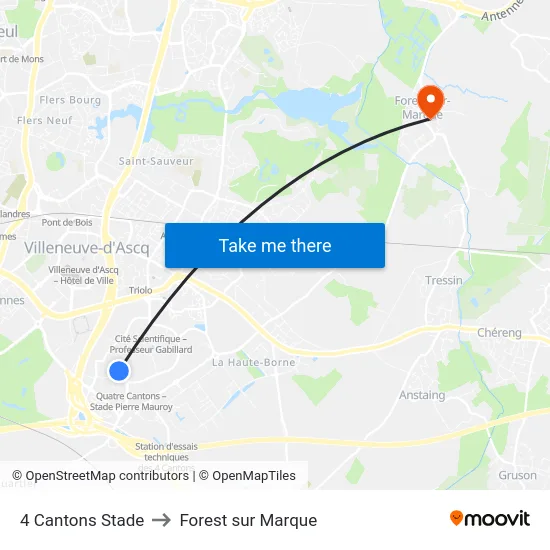 4 Cantons Stade to Forest sur Marque map