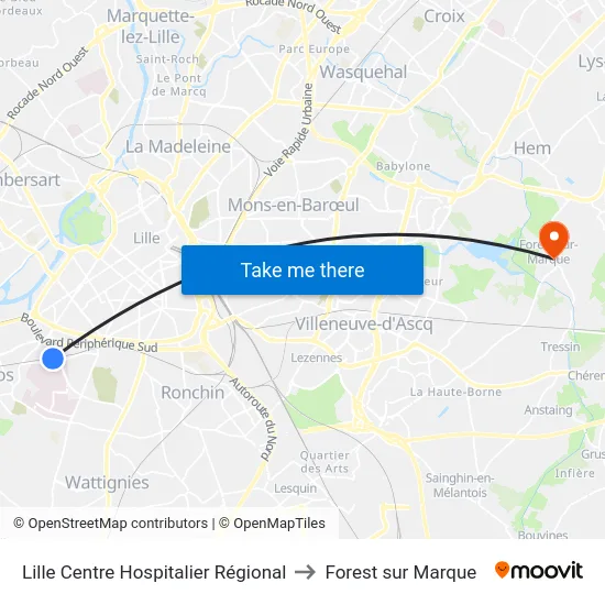 Lille Centre Hospitalier Régional to Forest sur Marque map