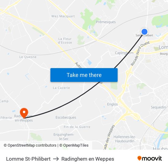 Lomme St-Philibert to Radinghem en Weppes map