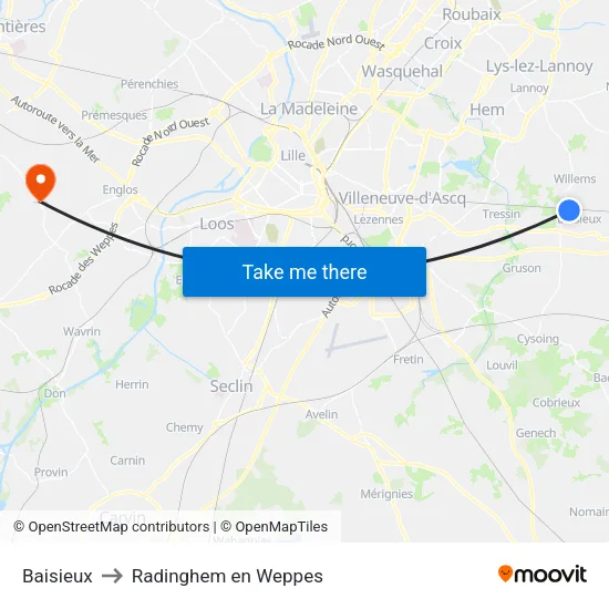 Baisieux to Radinghem en Weppes map