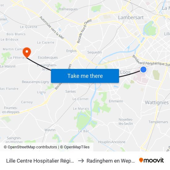 Lille Centre Hospitalier Régional to Radinghem en Weppes map