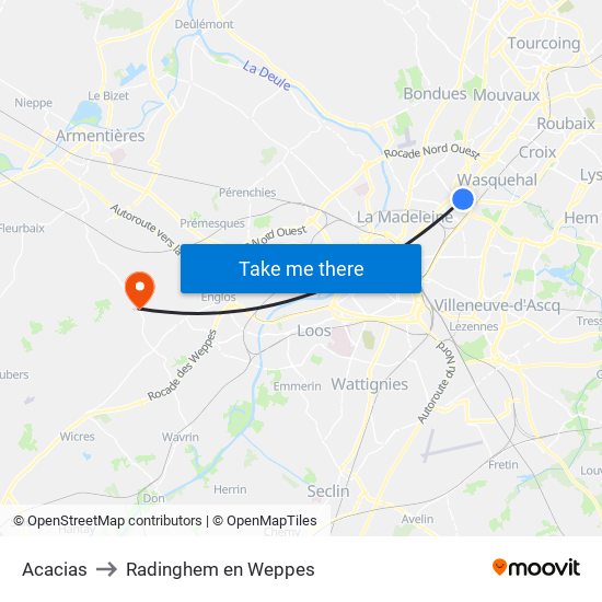 Acacias to Radinghem en Weppes map