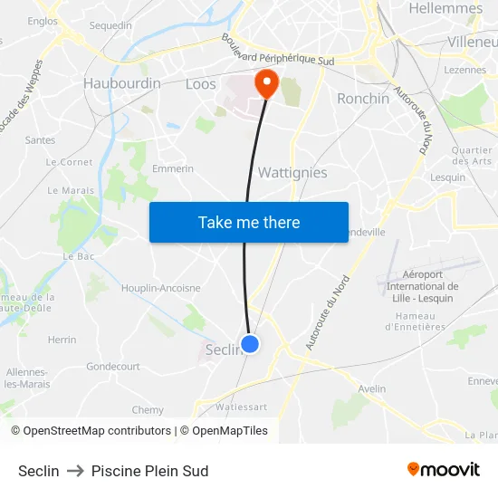 Seclin to Piscine Plein Sud map