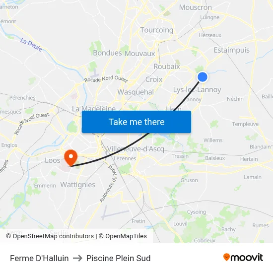Ferme D'Halluin to Piscine Plein Sud map