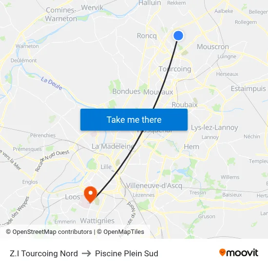 Z.I Tourcoing Nord to Piscine Plein Sud map
