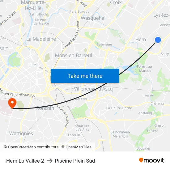 Hem La Vallee 2 to Piscine Plein Sud map