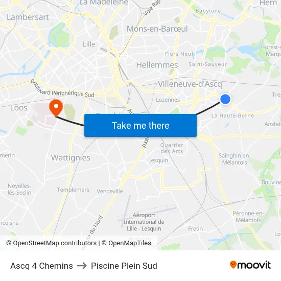 Ascq 4 Chemins to Piscine Plein Sud map