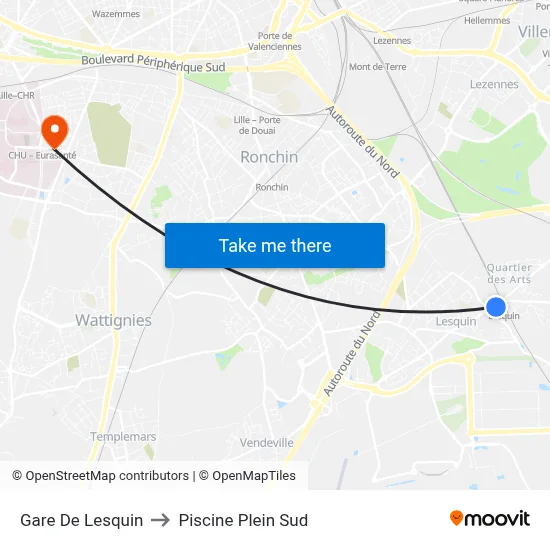 Gare De Lesquin to Piscine Plein Sud map