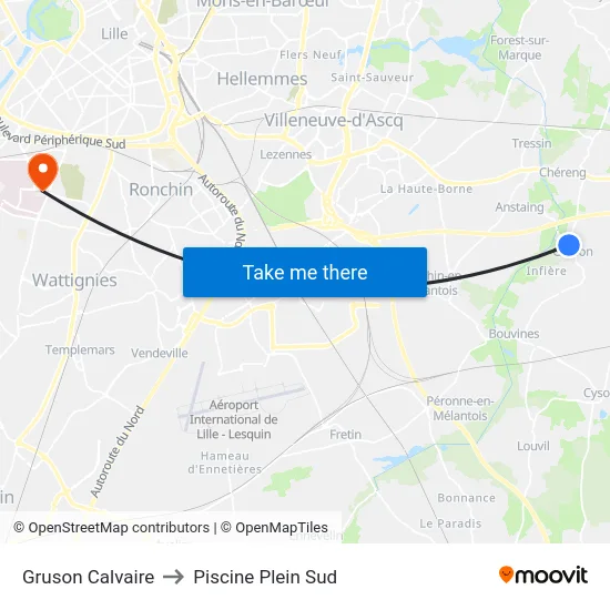 Gruson Calvaire to Piscine Plein Sud map
