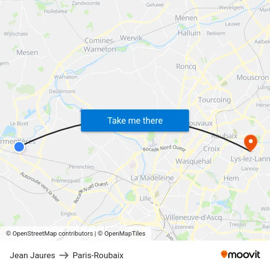Jean Jaures to Paris-Roubaix map