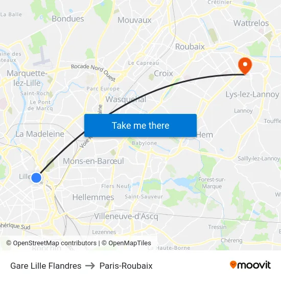 Gare Lille Flandres to Paris-Roubaix map