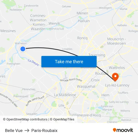 Belle Vue to Paris-Roubaix map