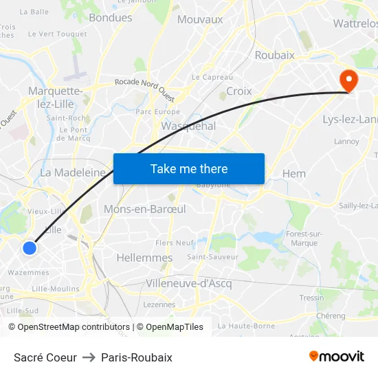 Sacré Coeur to Paris-Roubaix map