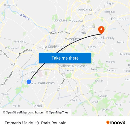 Emmerin Mairie to Paris-Roubaix map