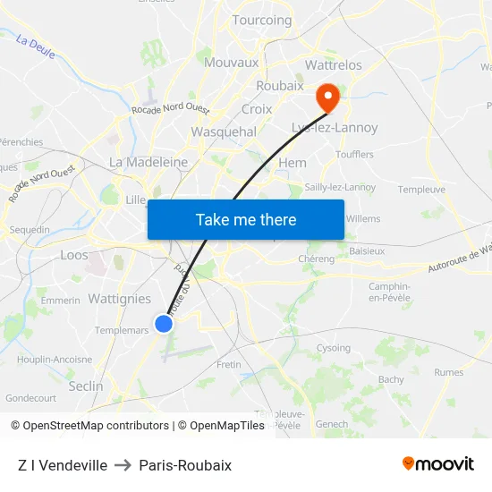 Z I Vendeville to Paris-Roubaix map