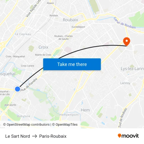 Le Sart Nord to Paris-Roubaix map