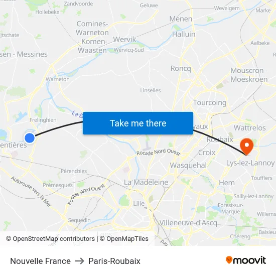 Nouvelle France to Paris-Roubaix map