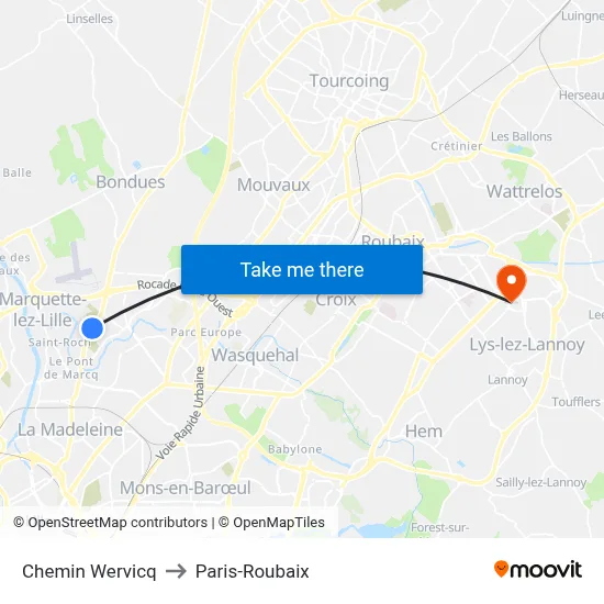 Chemin Wervicq to Paris-Roubaix map