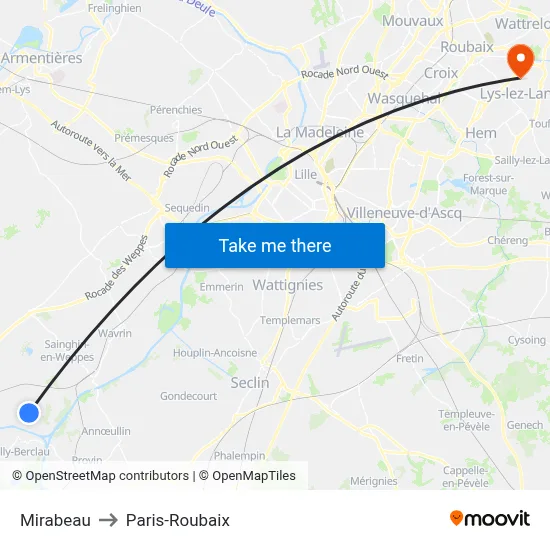 Mirabeau to Paris-Roubaix map