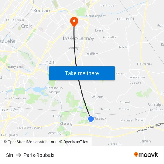 Sin to Paris-Roubaix map