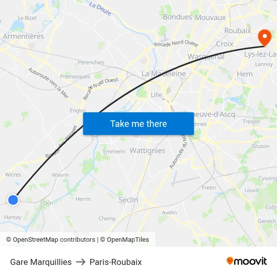 Gare Marquillies to Paris-Roubaix map
