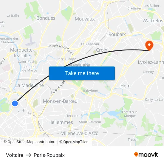 Voltaire to Paris-Roubaix map