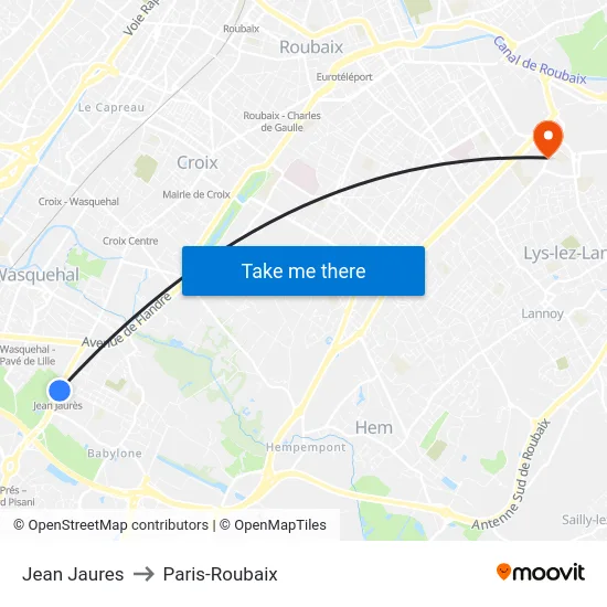 Jean Jaures to Paris-Roubaix map