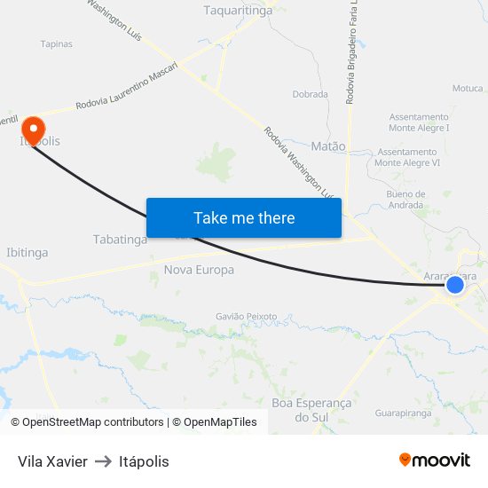 Vila Xavier to Itápolis map