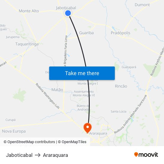 Jaboticabal to Araraquara map