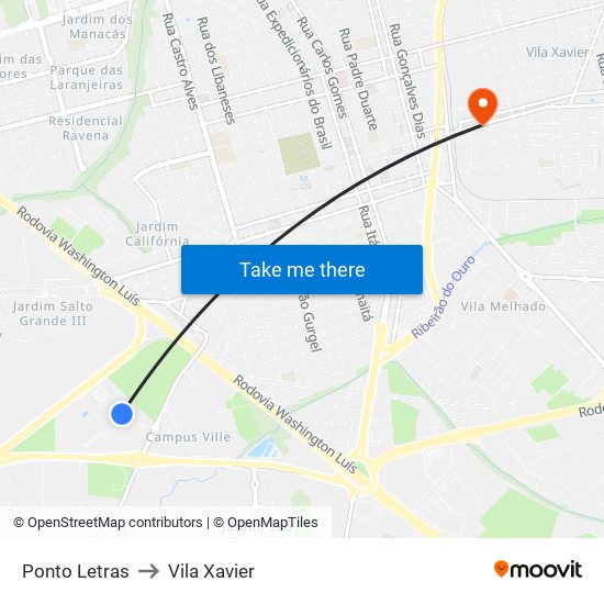 Ponto Letras to Vila Xavier map