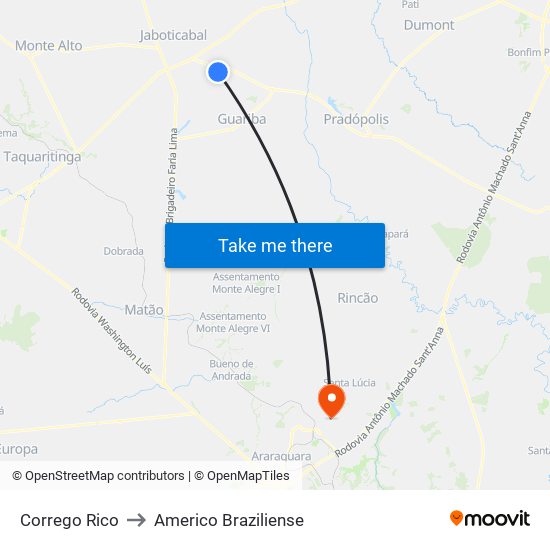 Corrego Rico to Americo Braziliense map
