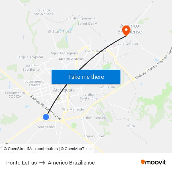 Ponto Letras to Americo Braziliense map